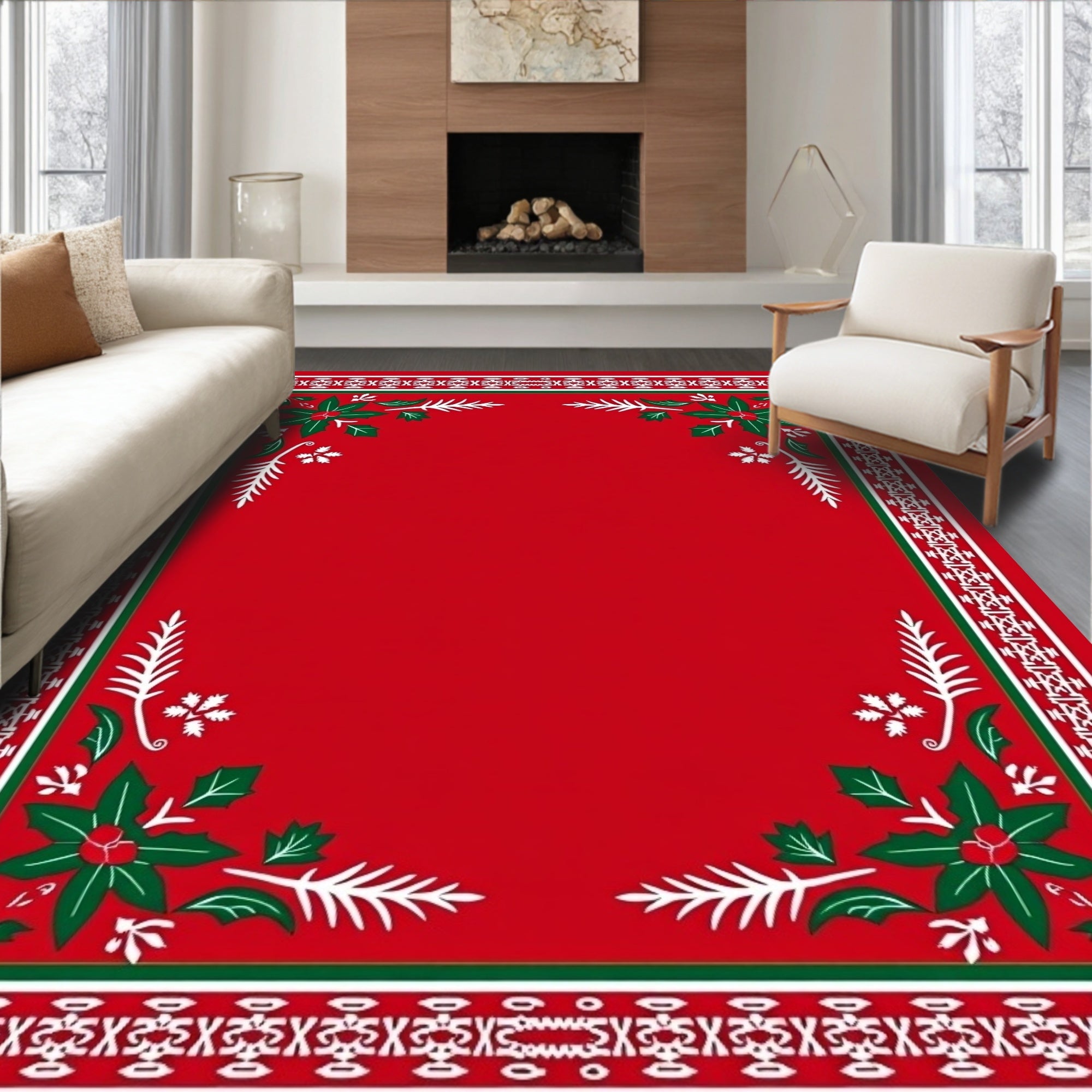 Red Holly Poinsettia Festive Rug