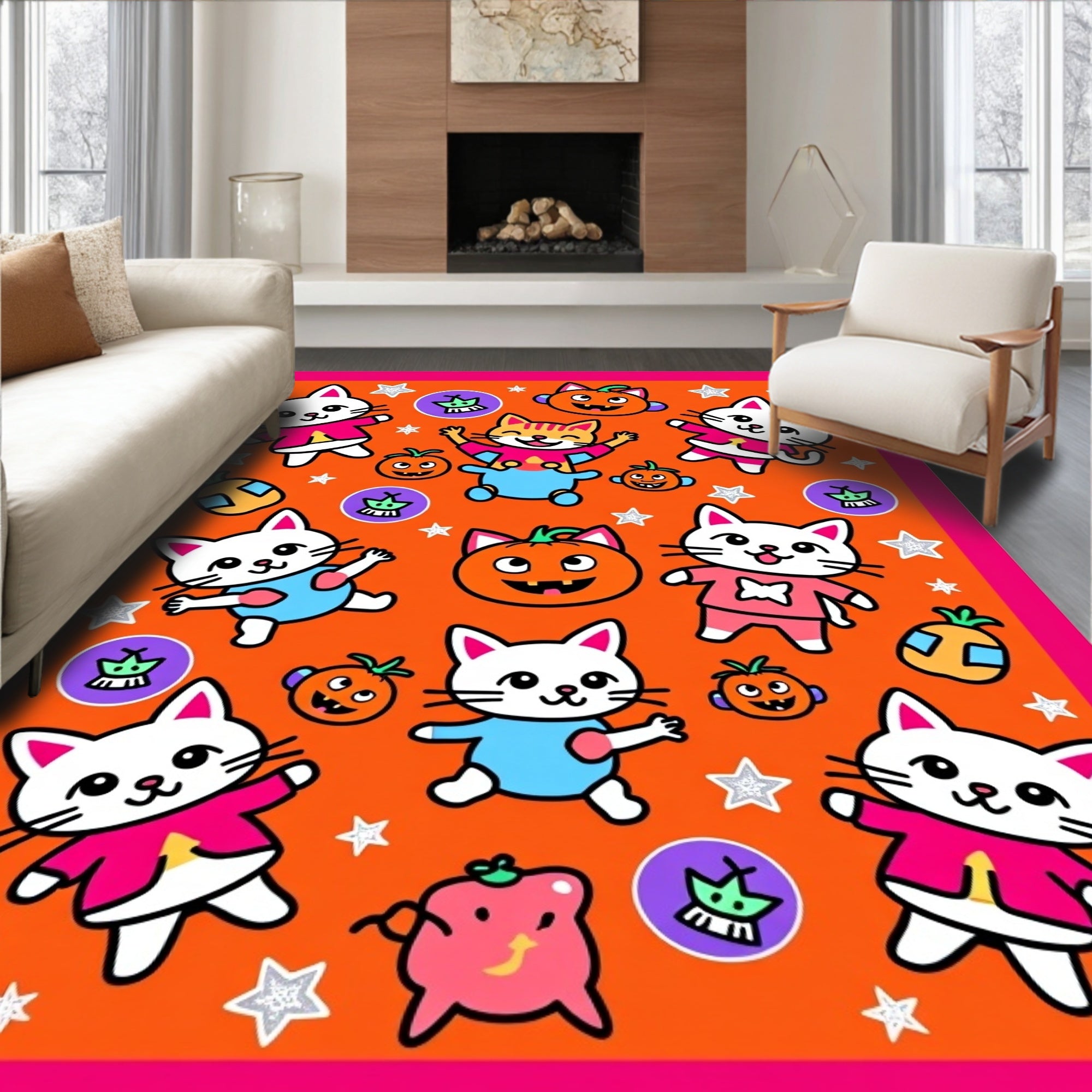 Playful Cats Pumpkins Pattern Rug