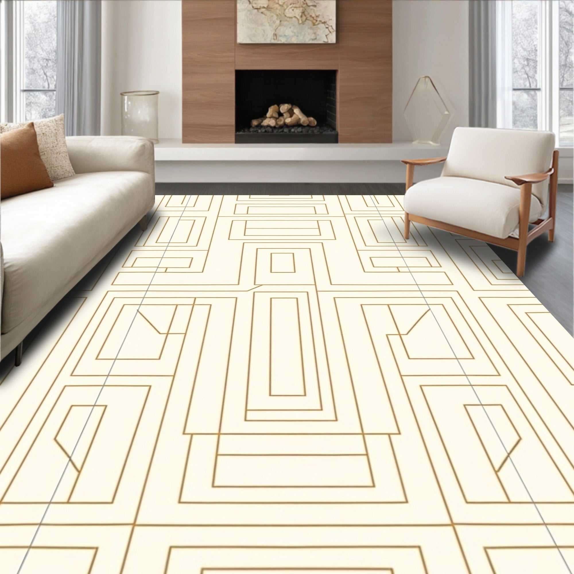 Golden Maze Lines Geometric Pattern Rug