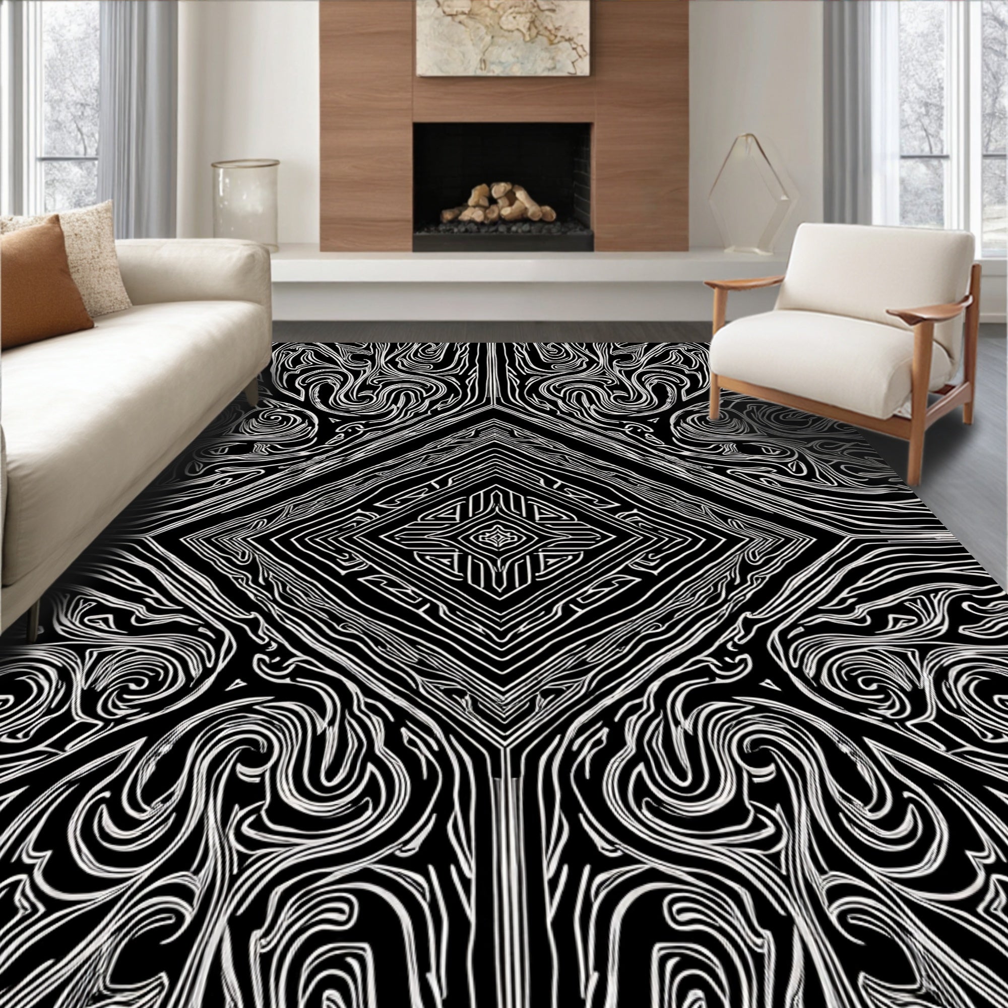 Black and White Swirl Diamond Pattern Rug