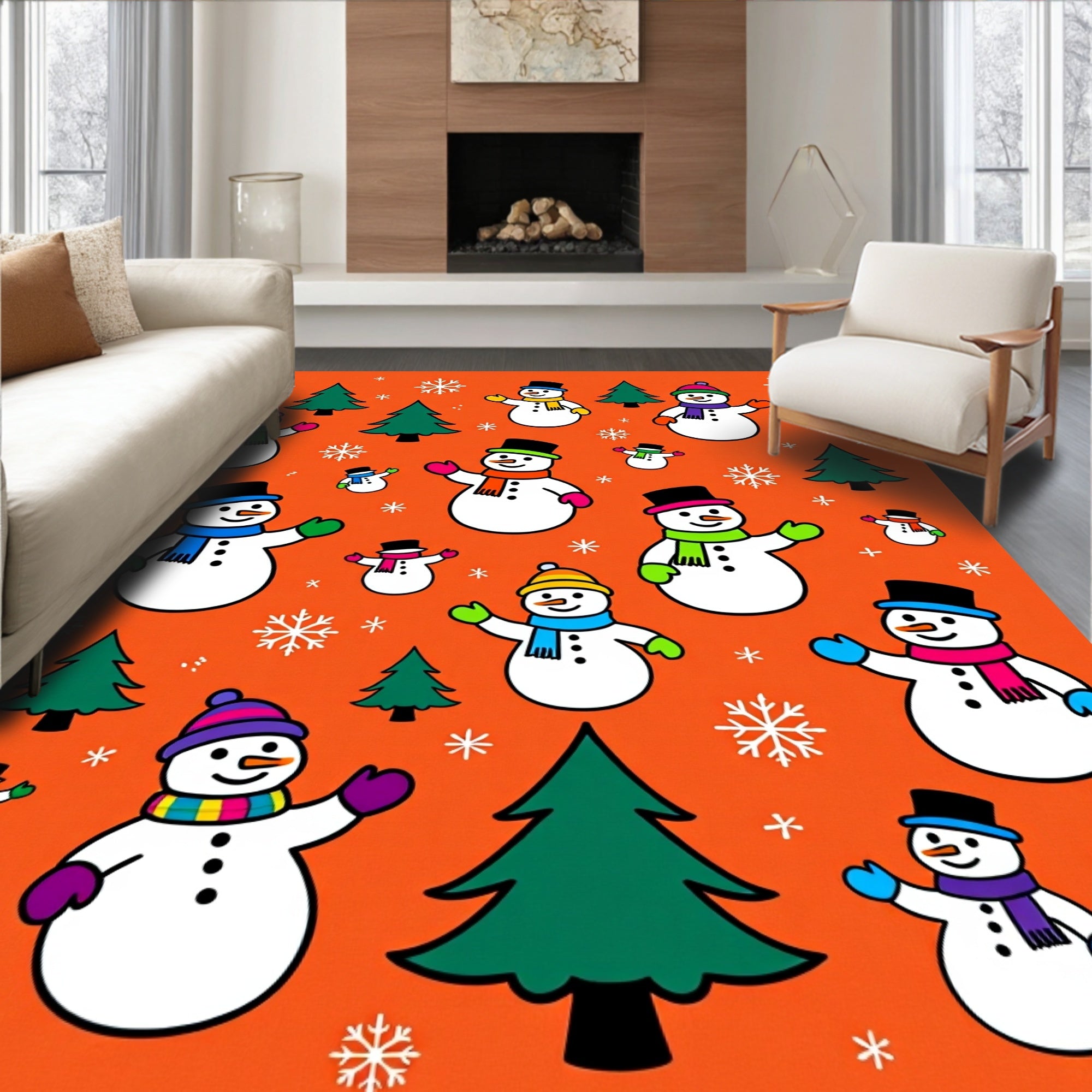 Whimsical Snowman Christmas Tree Design Rug