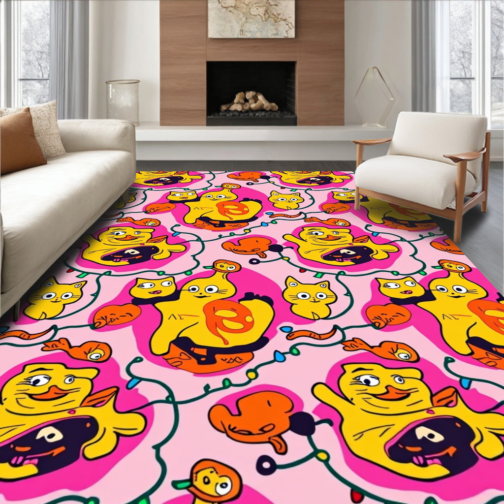 Whimsical Yellow Character And Cat Print Rug