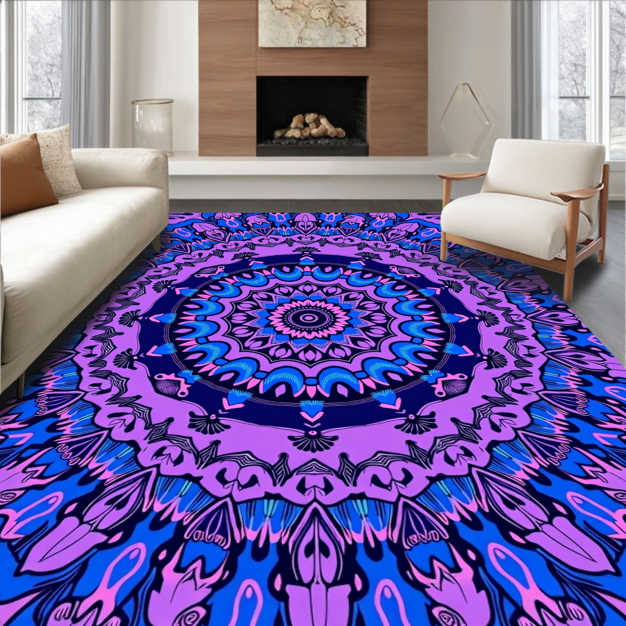 Vibrant Royal Blue Pink Mandala Rug