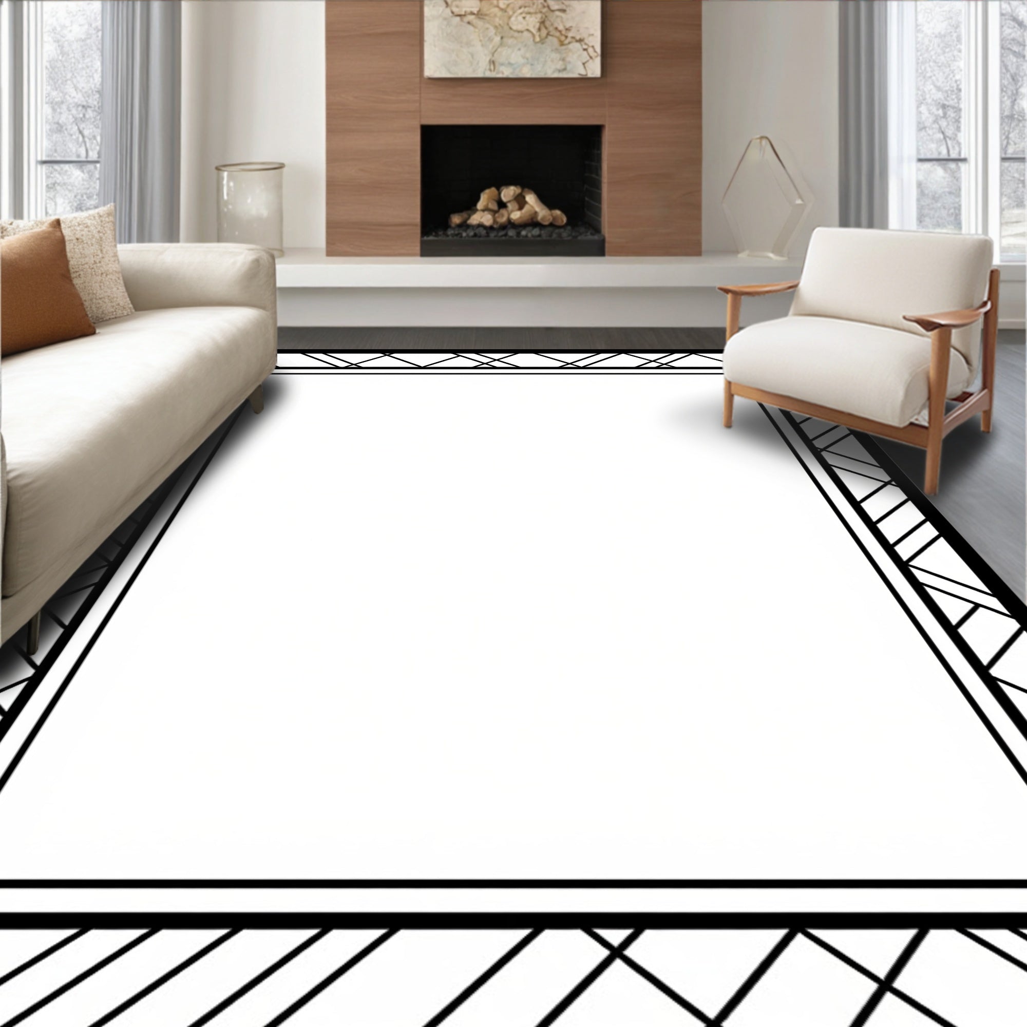 Art Deco Black White Geometric Border Rug
