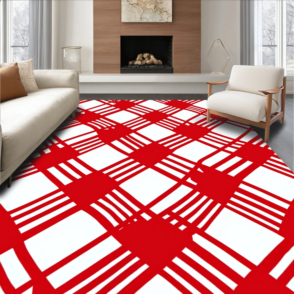 Red and White Classic Plaid Design Rug