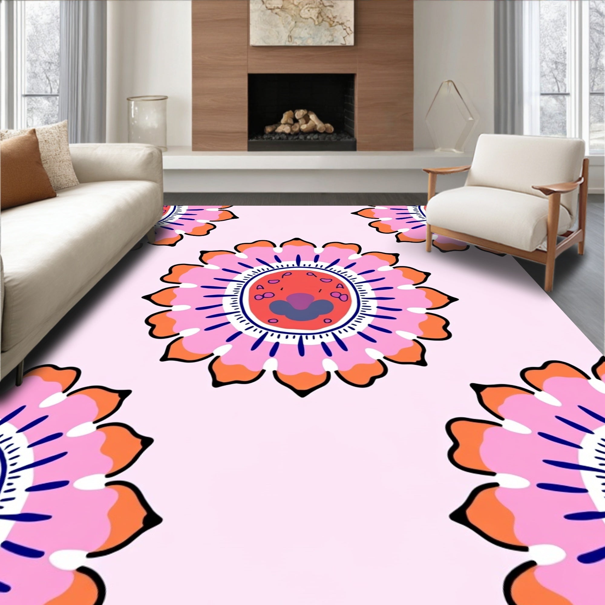 Pink Floral Pattern With Orange Accents Rug