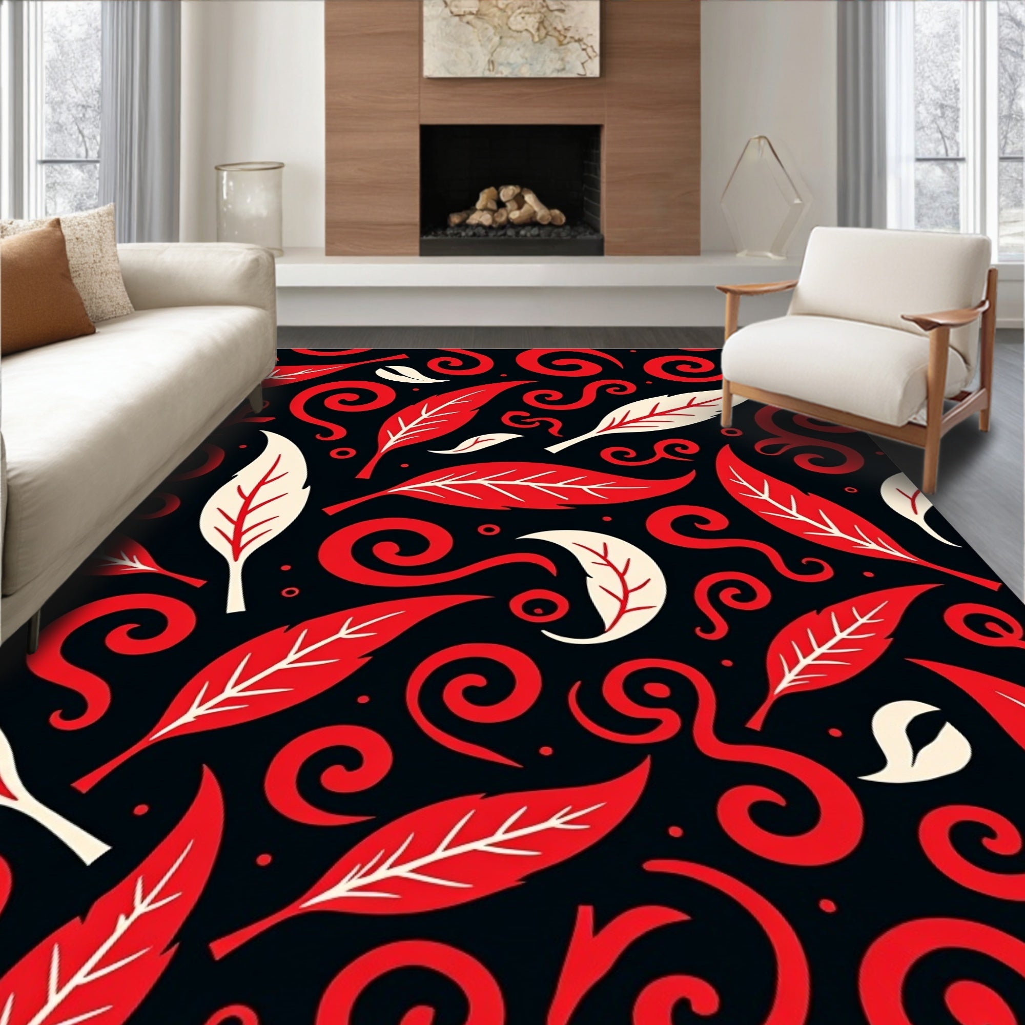 Red Cream Swirl Leaf Pattern Rug