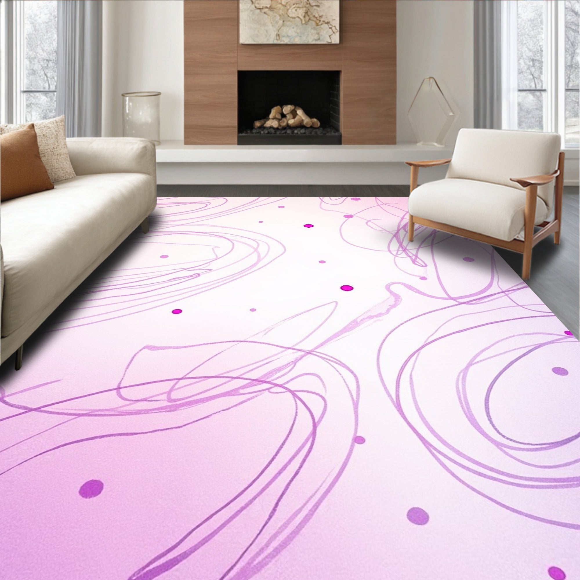 Abstract Swirls Pink Polka Dot Design Rug