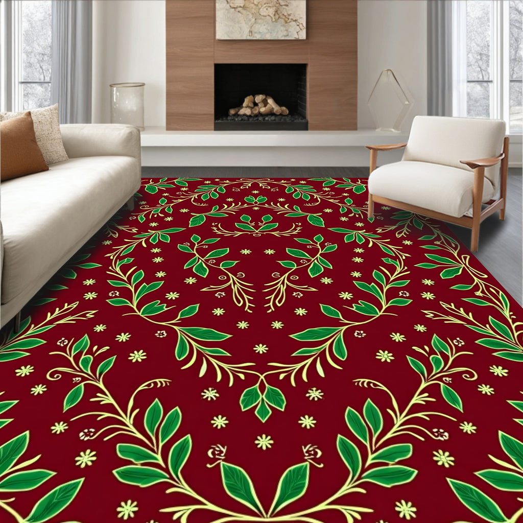 Elegant Green Leaf Vine Pattern Rug