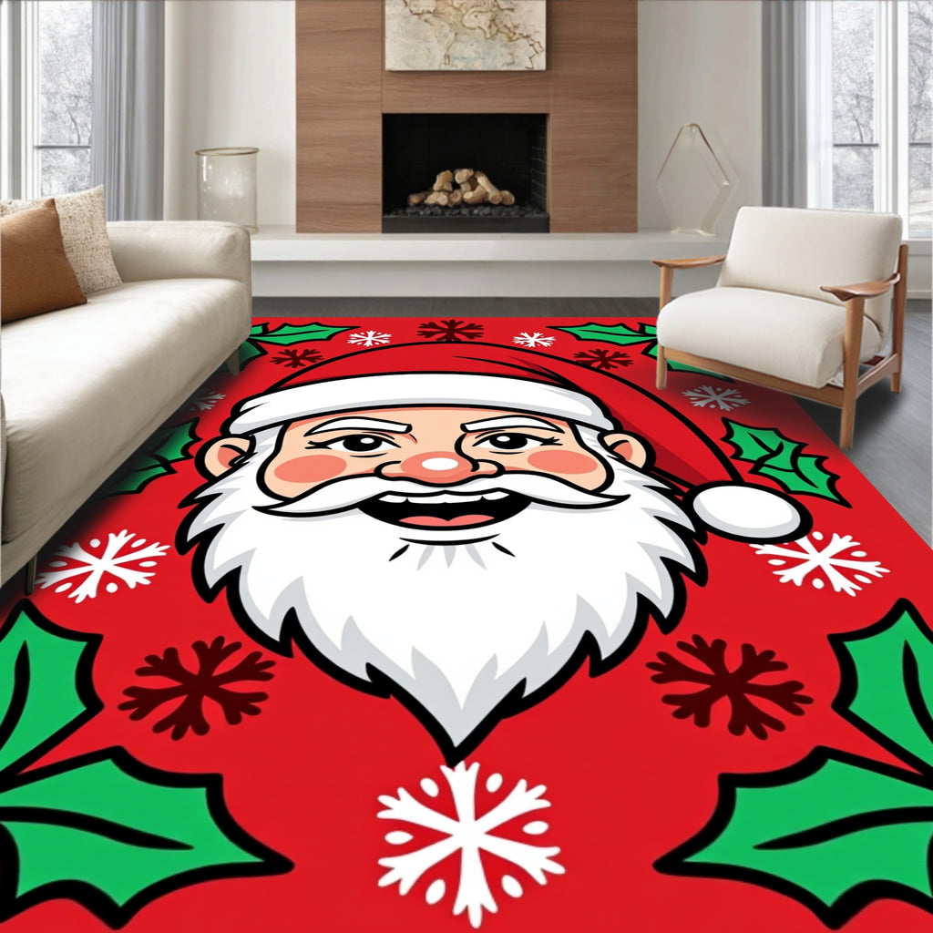 Jolly Santa Claus Holly Snowflake Rug