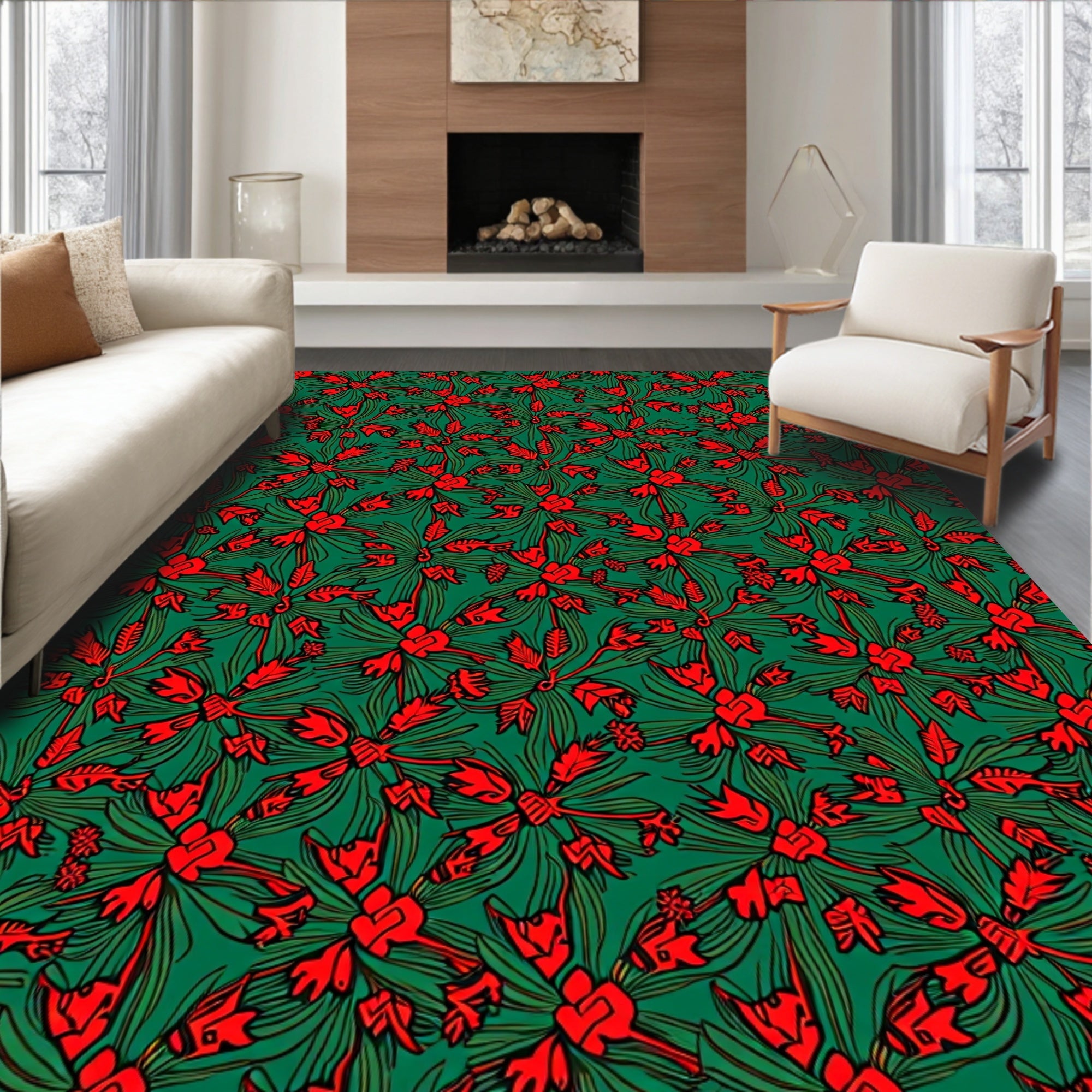 Red Floral Pattern On Green Background Rug