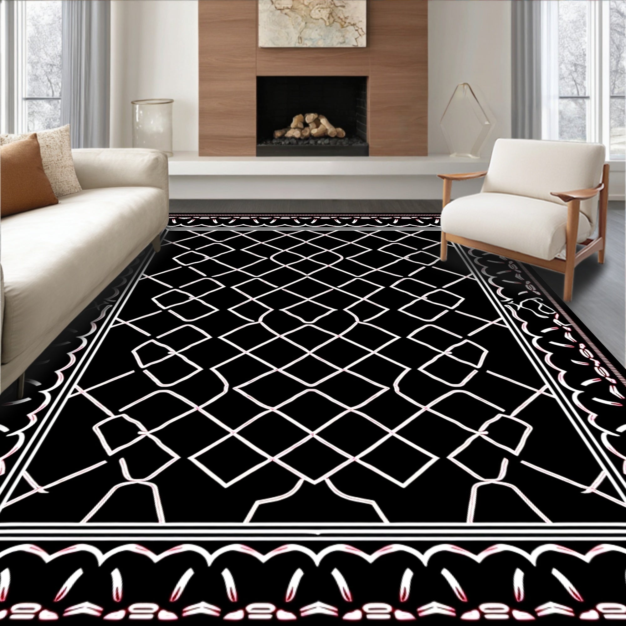 Black Diamond Geometric Lace Pattern Rug