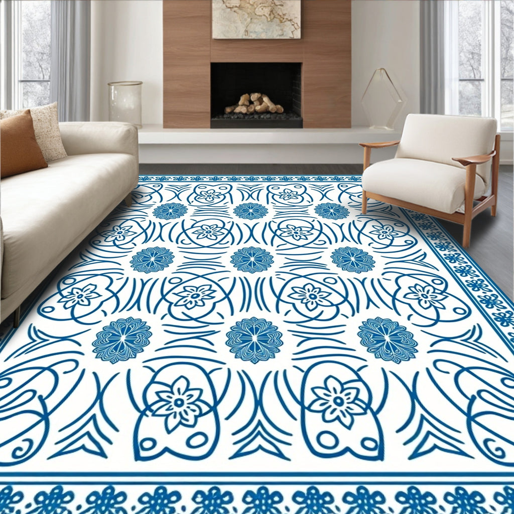 Floral Vine Patterned Blue Rug
