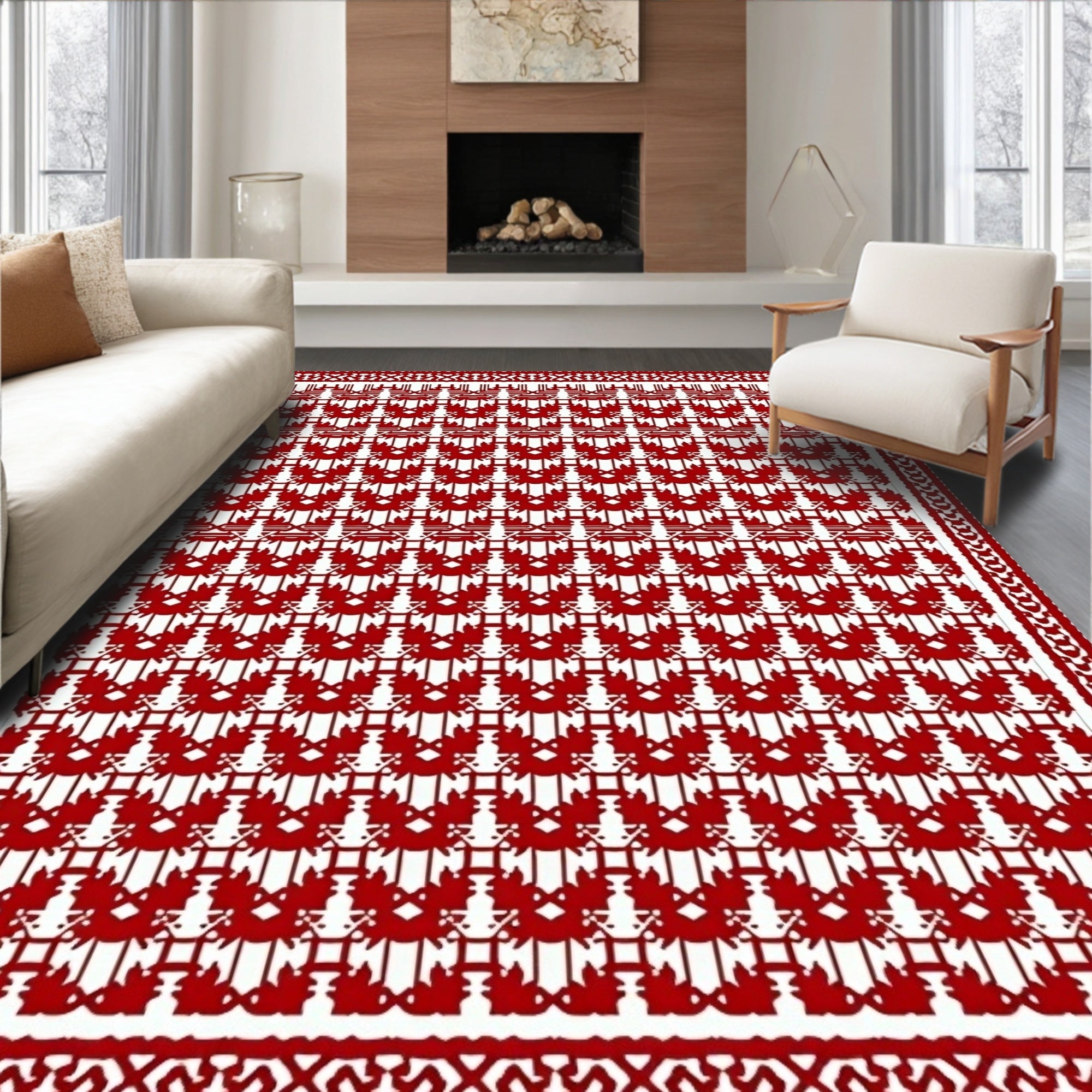 Classic Red Maple Leaf Geometric Design Rug