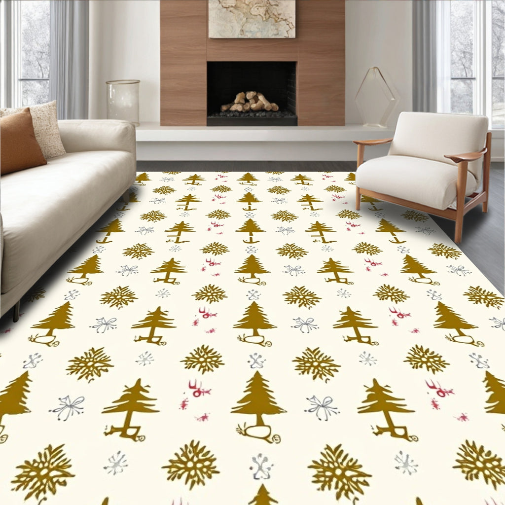 Golden Pine Tree Snowflake Pattern Rug