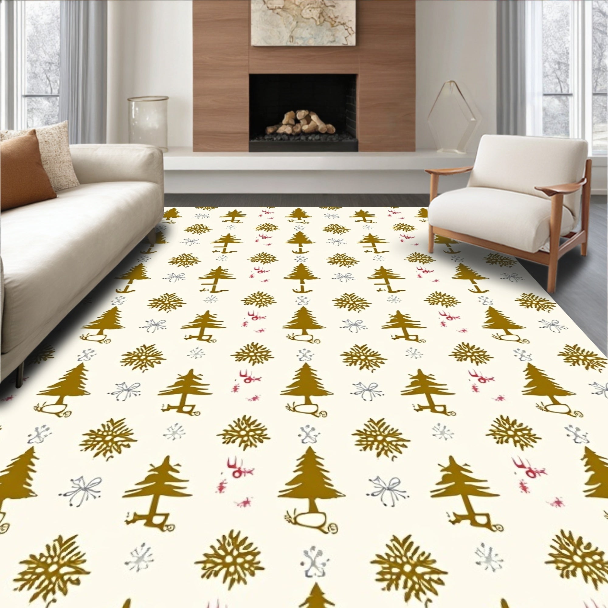 Golden Pine Tree Snowflake Pattern Rug