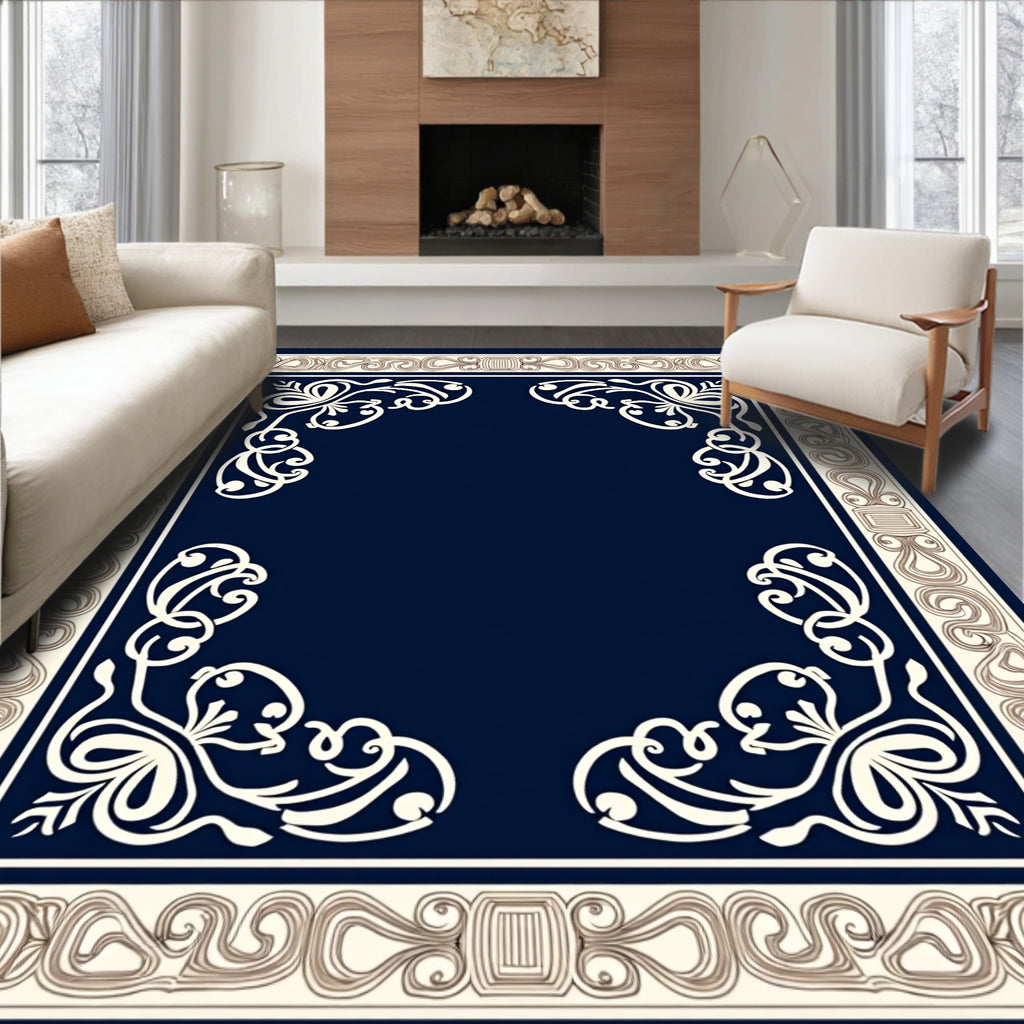 Ornate Navy Blue Floral Frame Design Rug