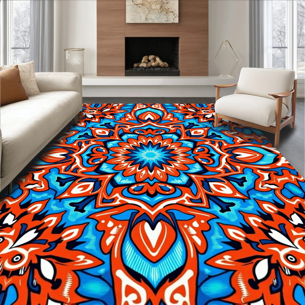 Bright Orange Blue Mandala Pattern Rug