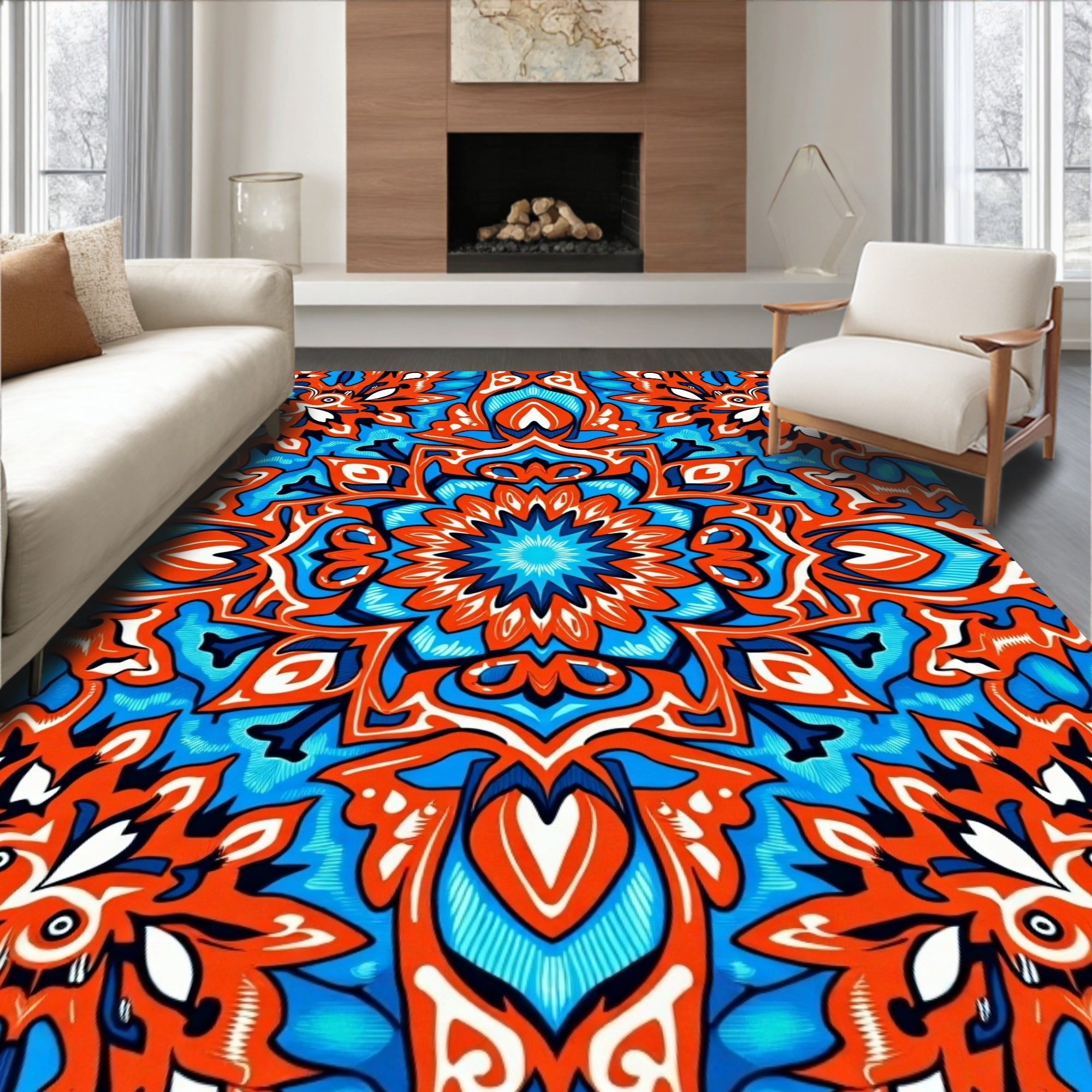 Bright Orange Blue Mandala Pattern Rug