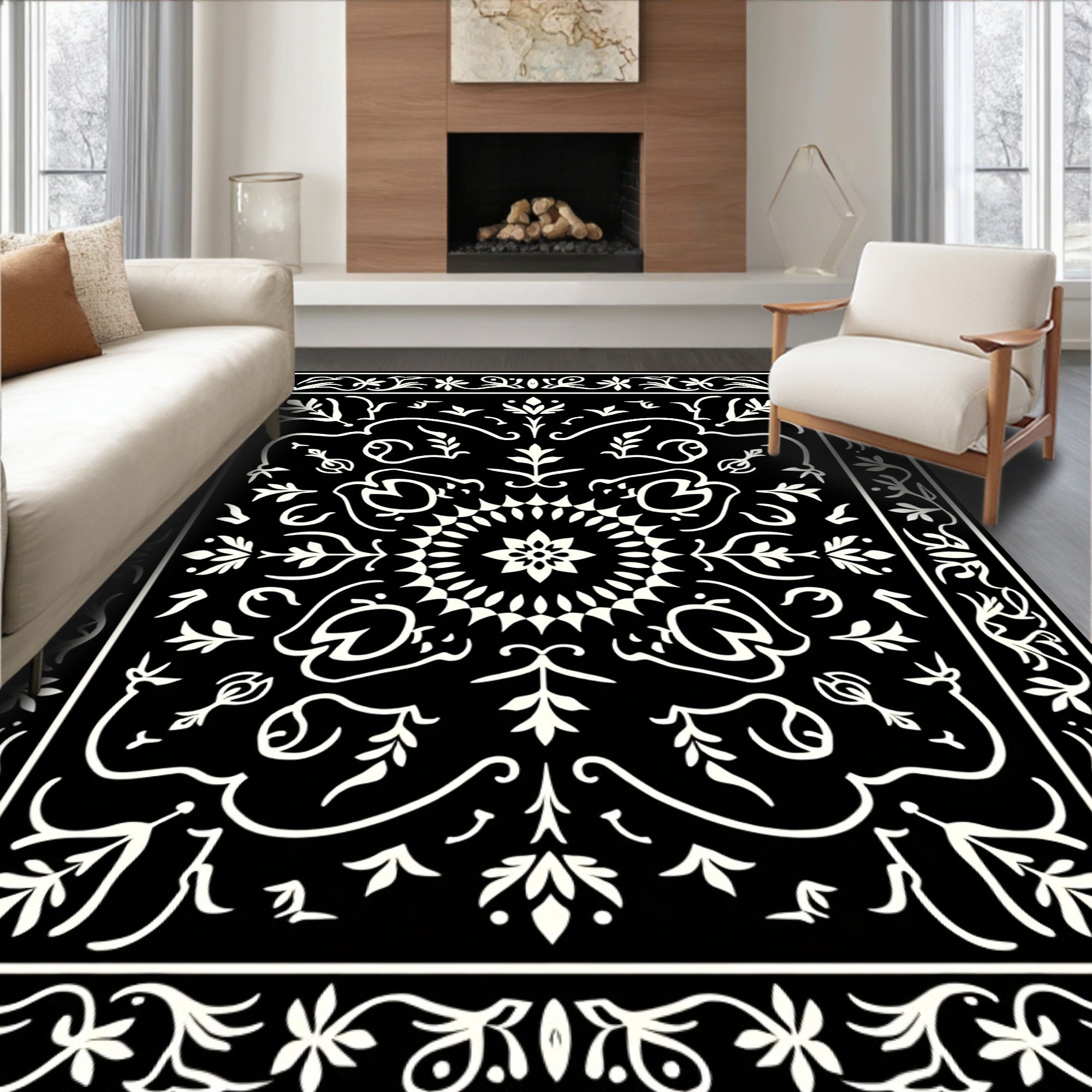 Black White Floral Medallion Design Rug