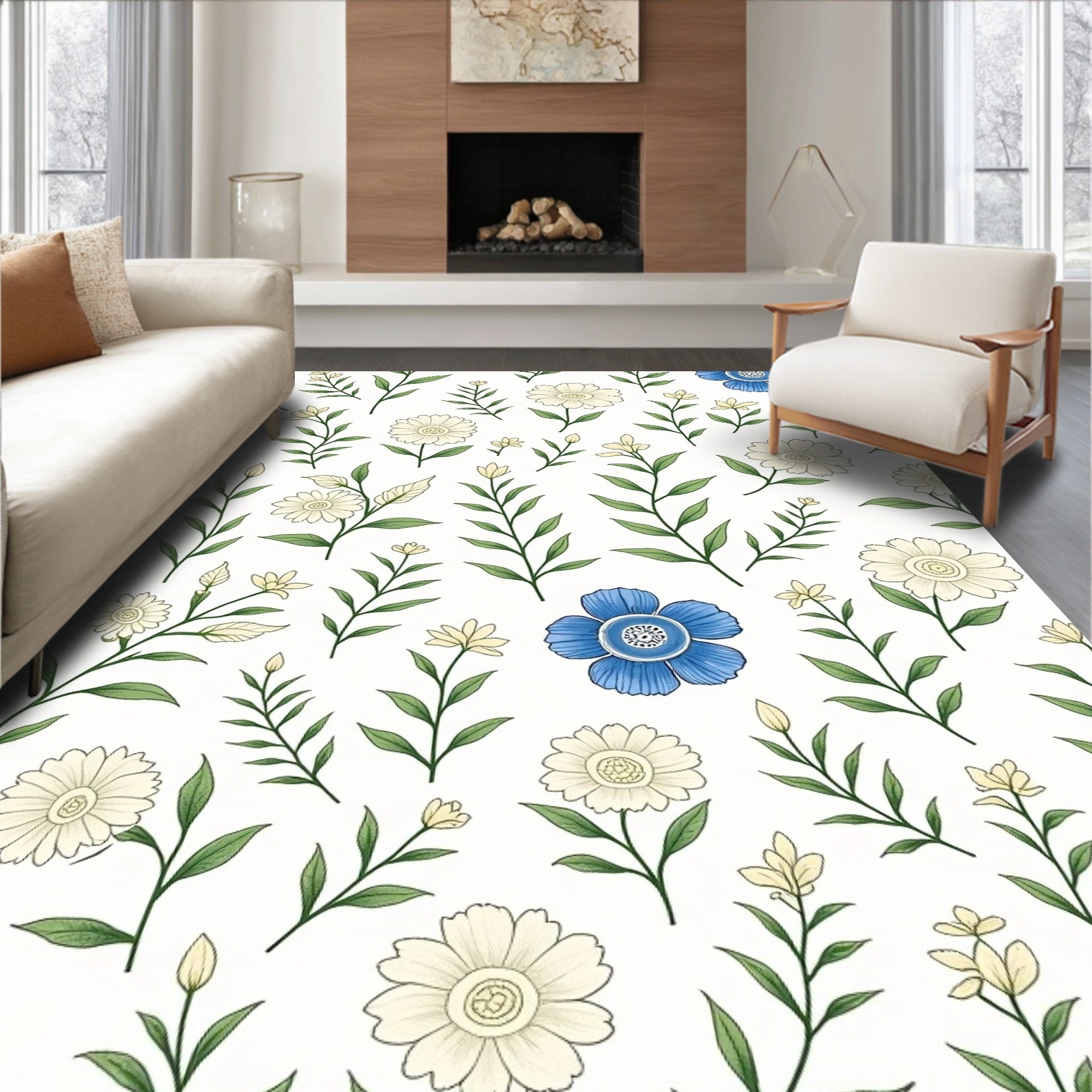 Delicate Blue Cream Floral Sprig Pattern Rug