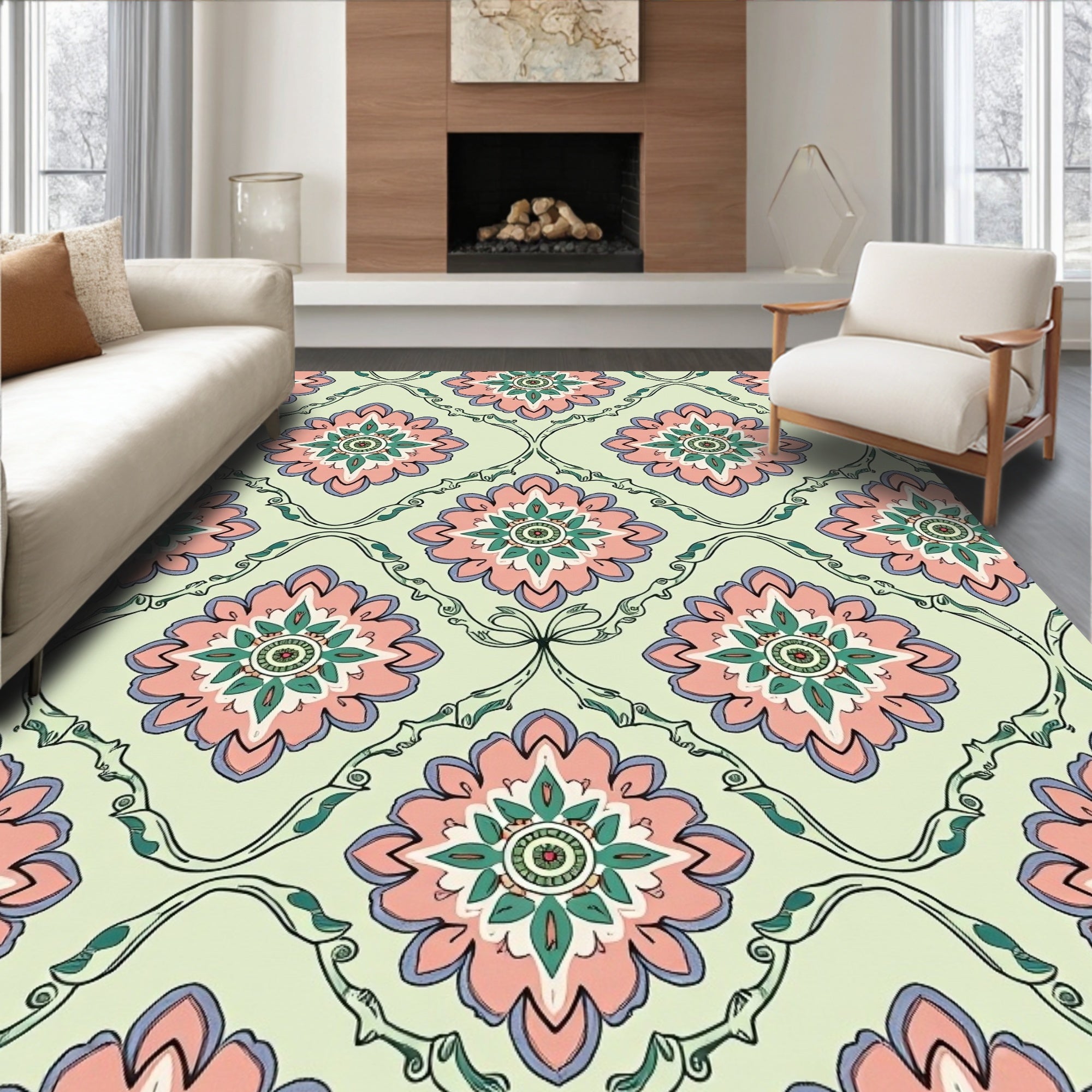 Pastel Floral Scrollwork Inspired Rug
