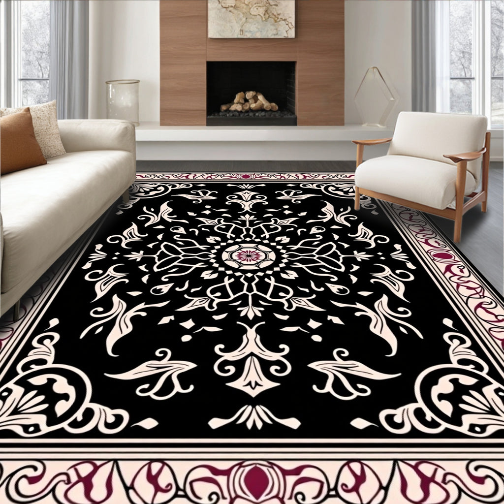 Black Cream Burgundy Floral Medallion Rug