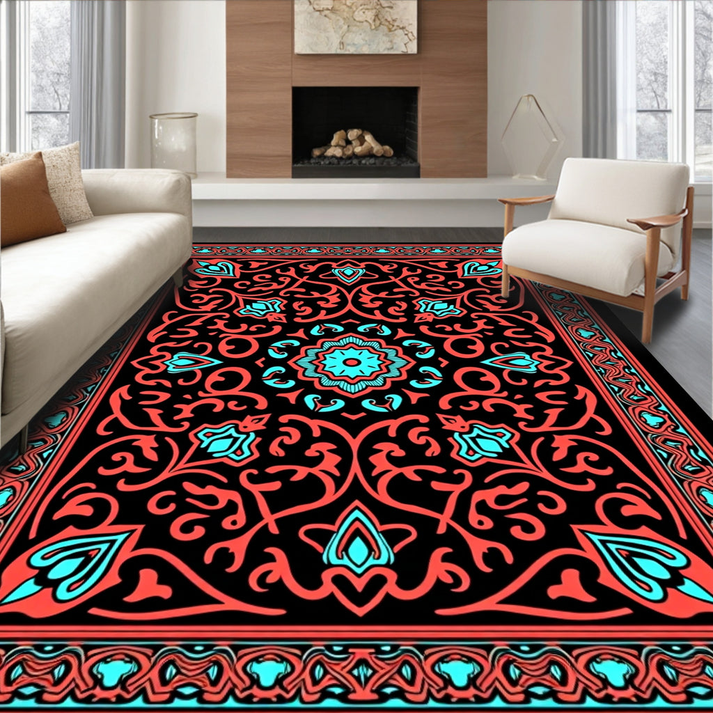 Coral Teal Floral Mandala Pattern Rug