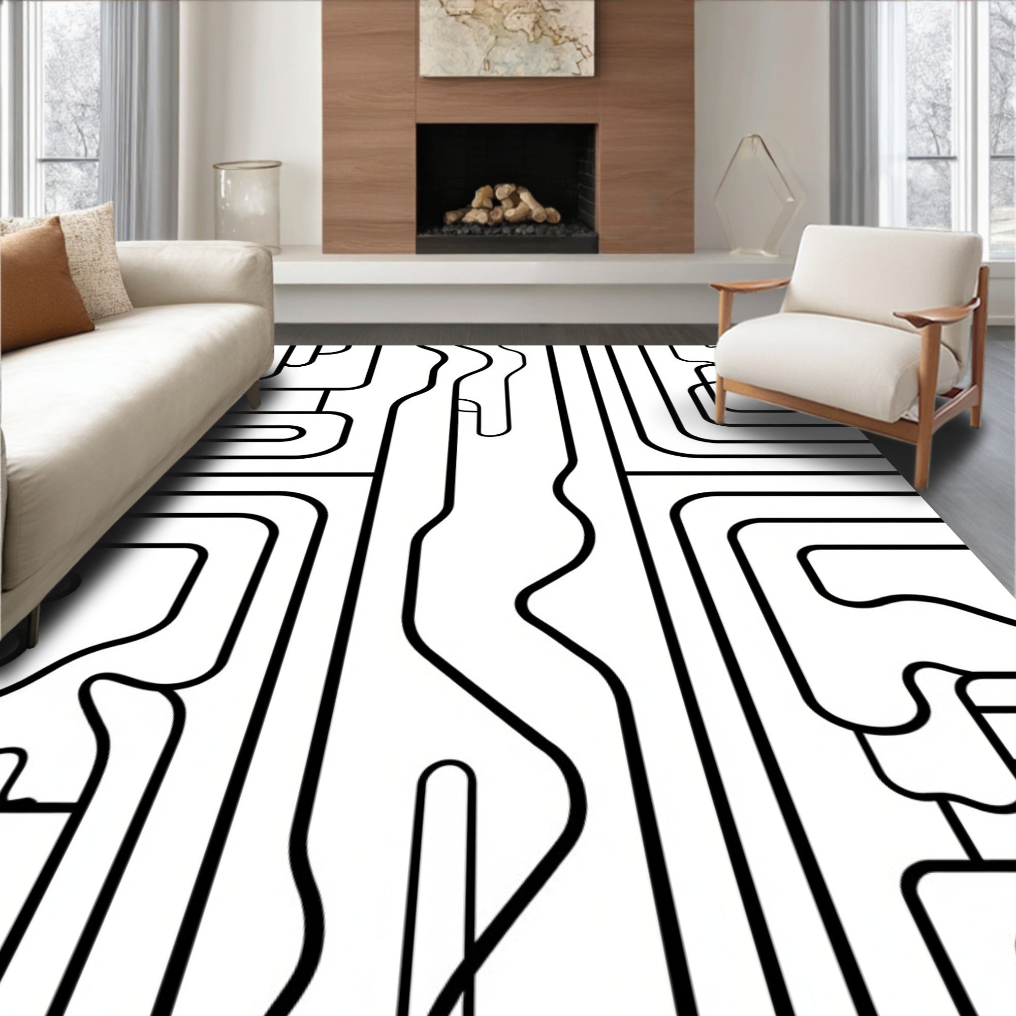 Abstract Flowing Black White Line Design Rug
