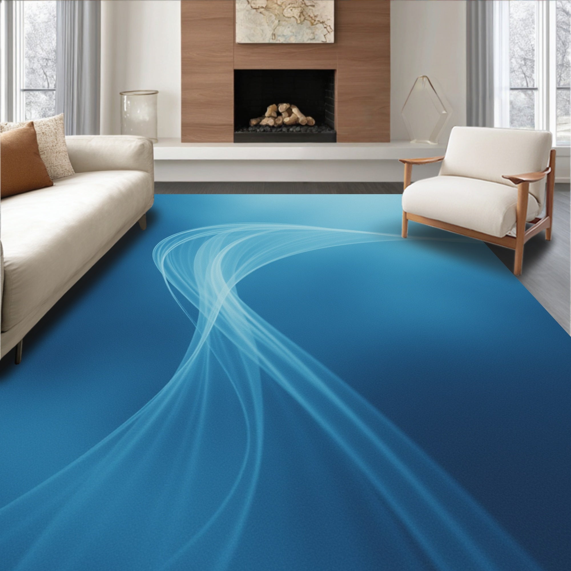 Elegant Blue Flowing Wave Design Rug