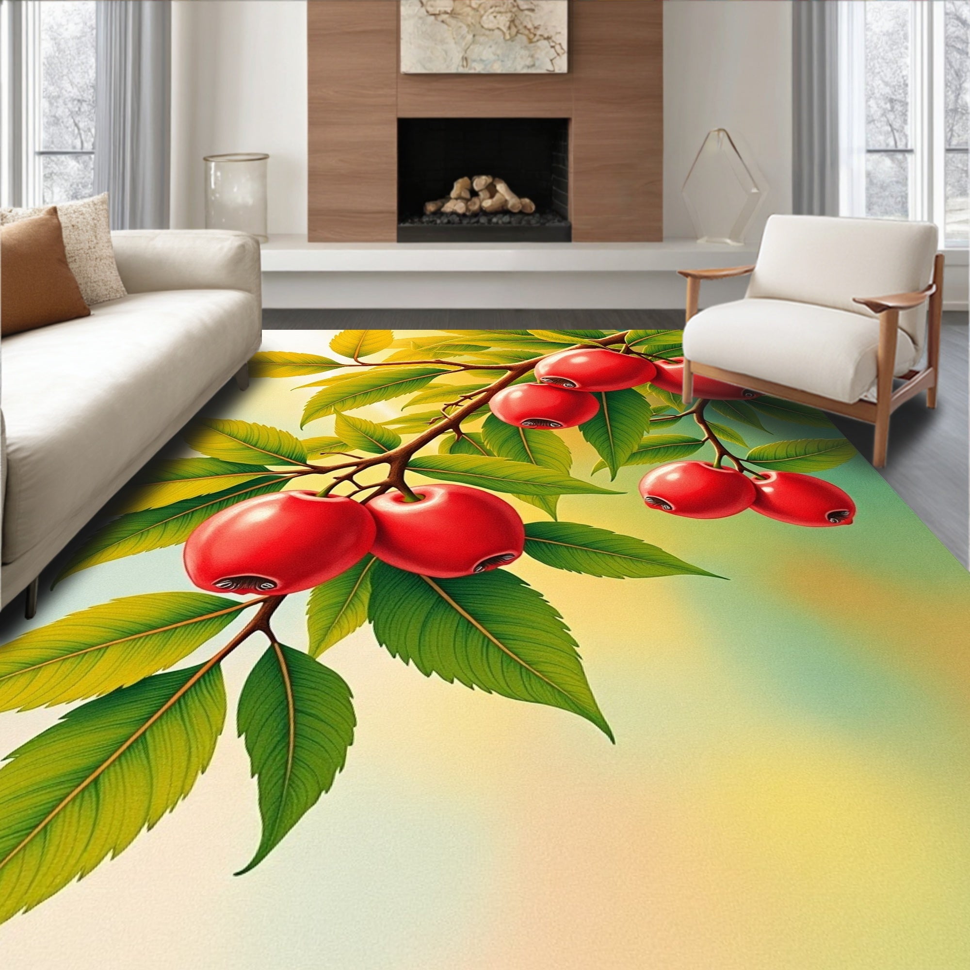 Vibrant Red Fruit Branch Pattern Rug