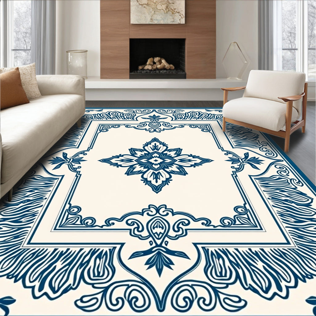 Classic Blue Cream Intricate Floral Rug