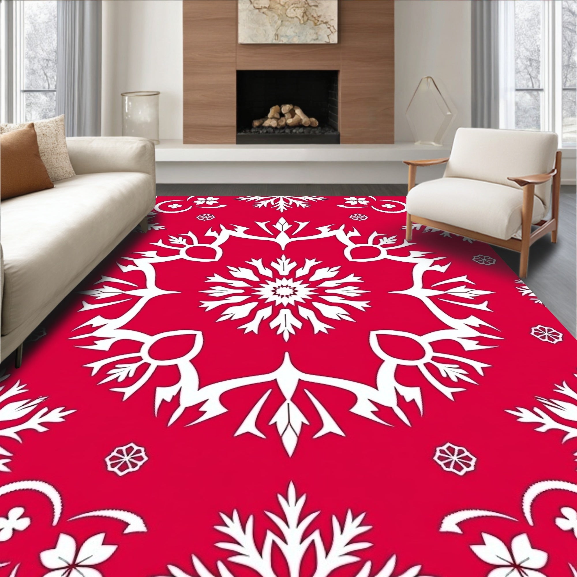 Crimson White Intricate Snowflake Design Rug