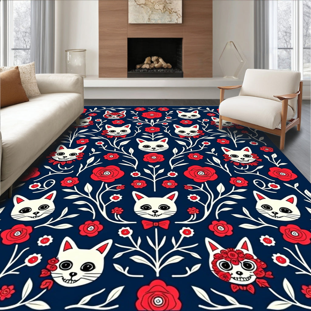 Whimsical Cat Rose Floral Pattern Rug