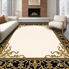 Ornate Dark Blue Gold Floral Border Rug