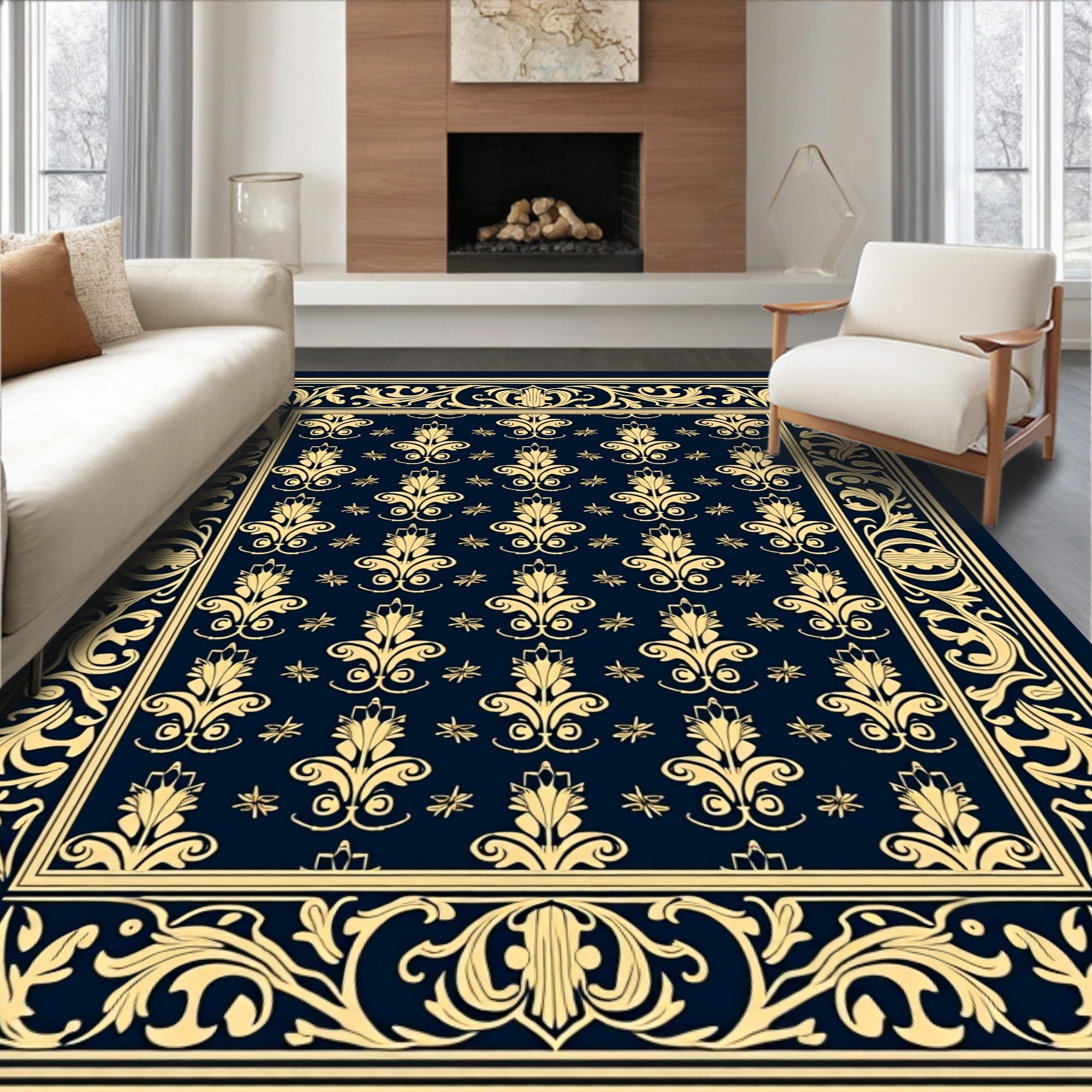 Ornate Golden Scrollwork Damask Design Rug
