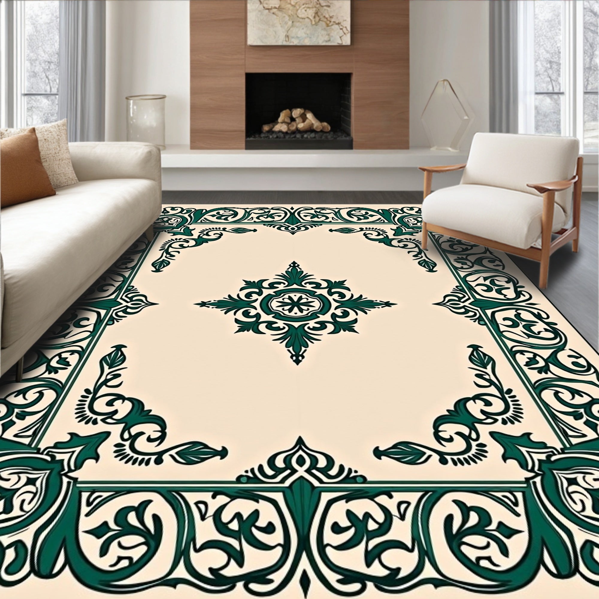 Elegant Emerald Green Floral Scroll Rug