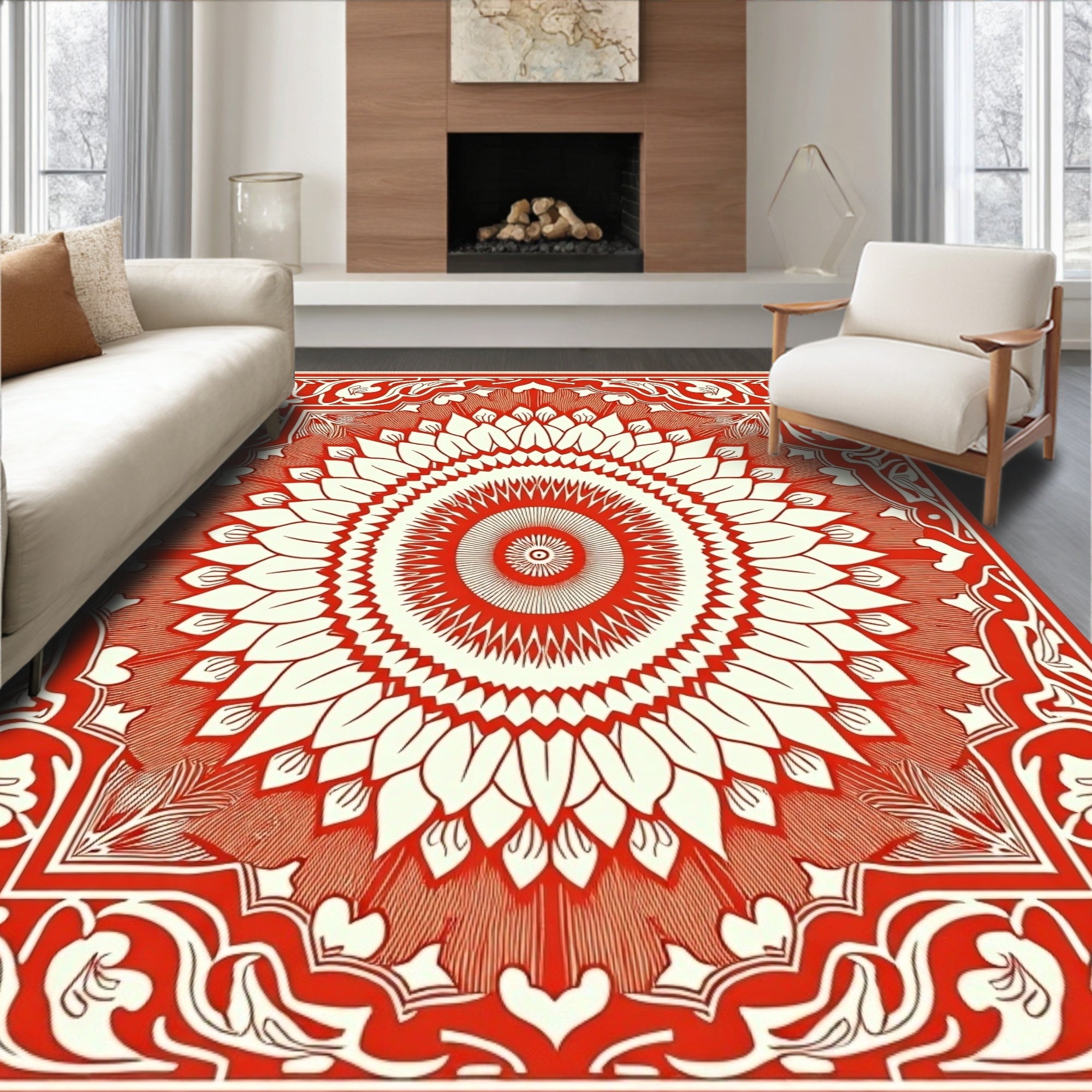 Intricate Red Floral Sunburst Motif Rug