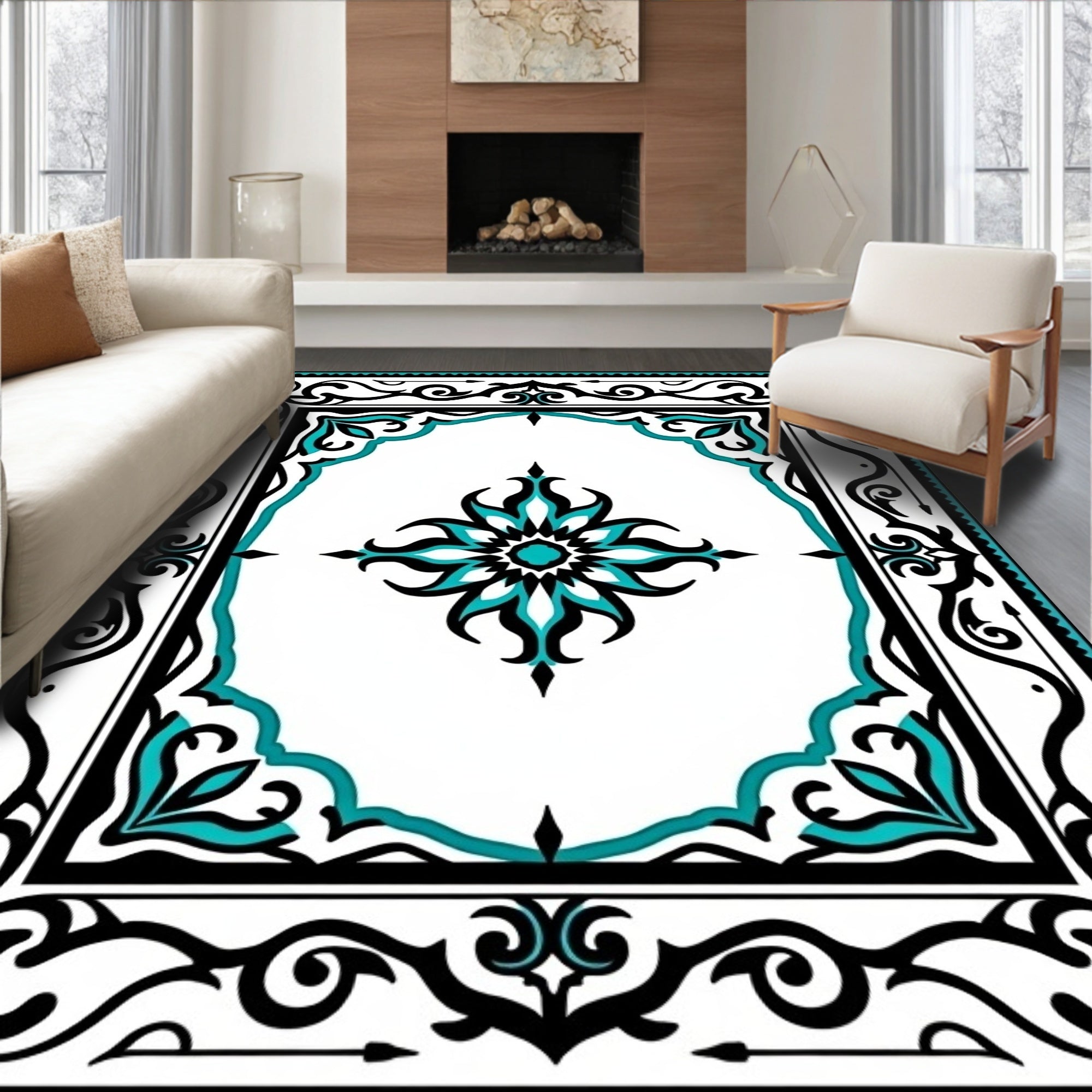 Ornate Black Turquoise Scrollwork Design Rug