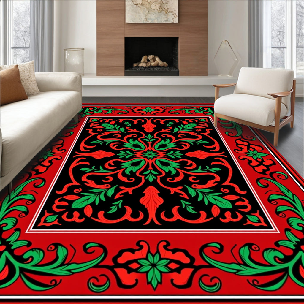 Red Green Floral Scroll Design Rug