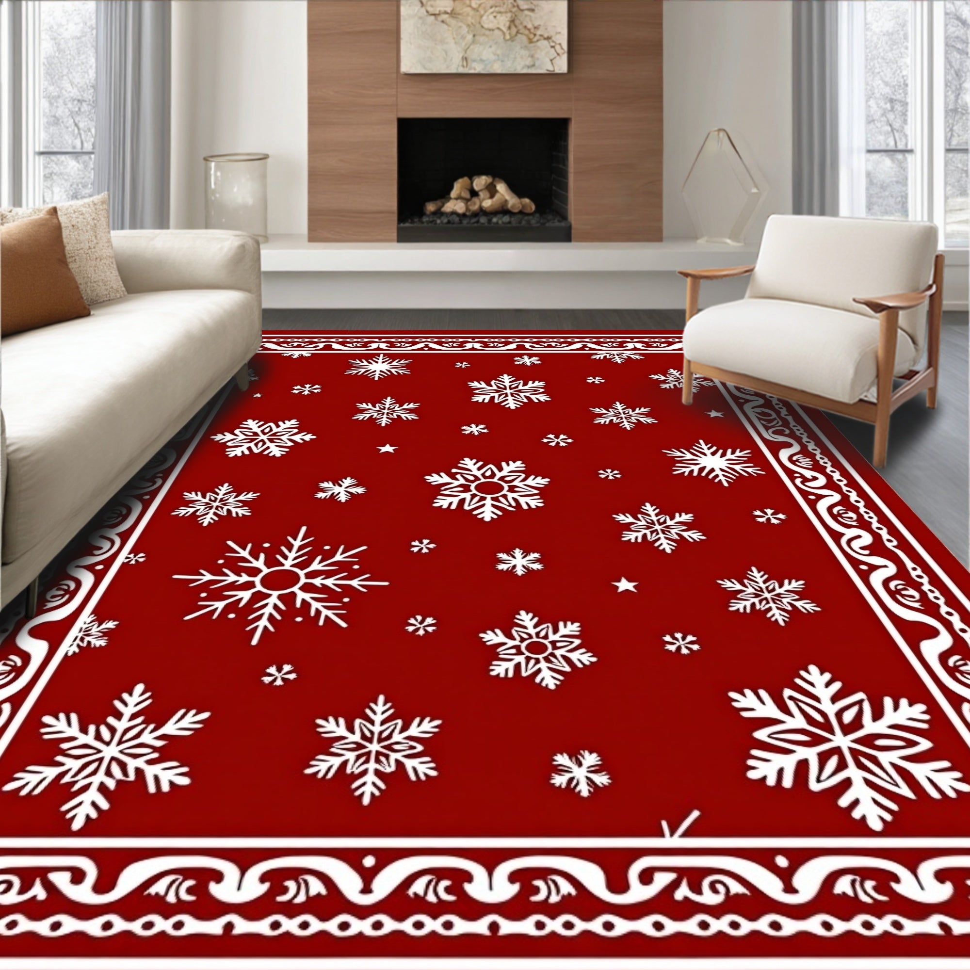 Red White Snowfall Field Rug