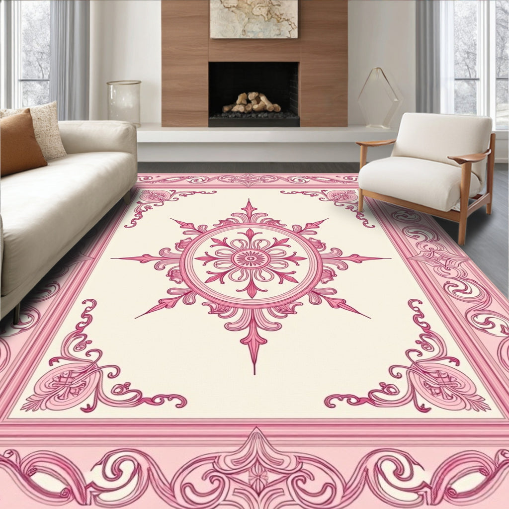 Ornate Pink Rococo Floral Medallion Rug