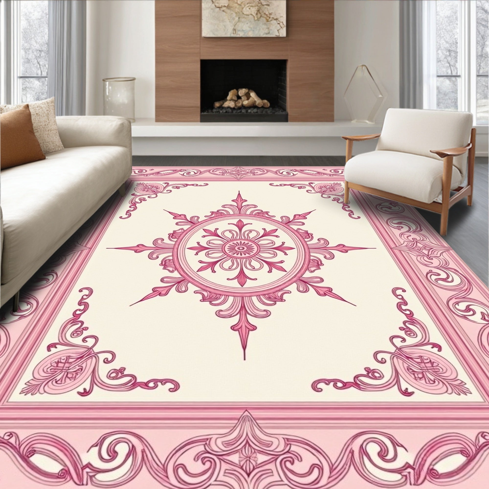 Ornate Pink Rococo Floral Medallion Rug