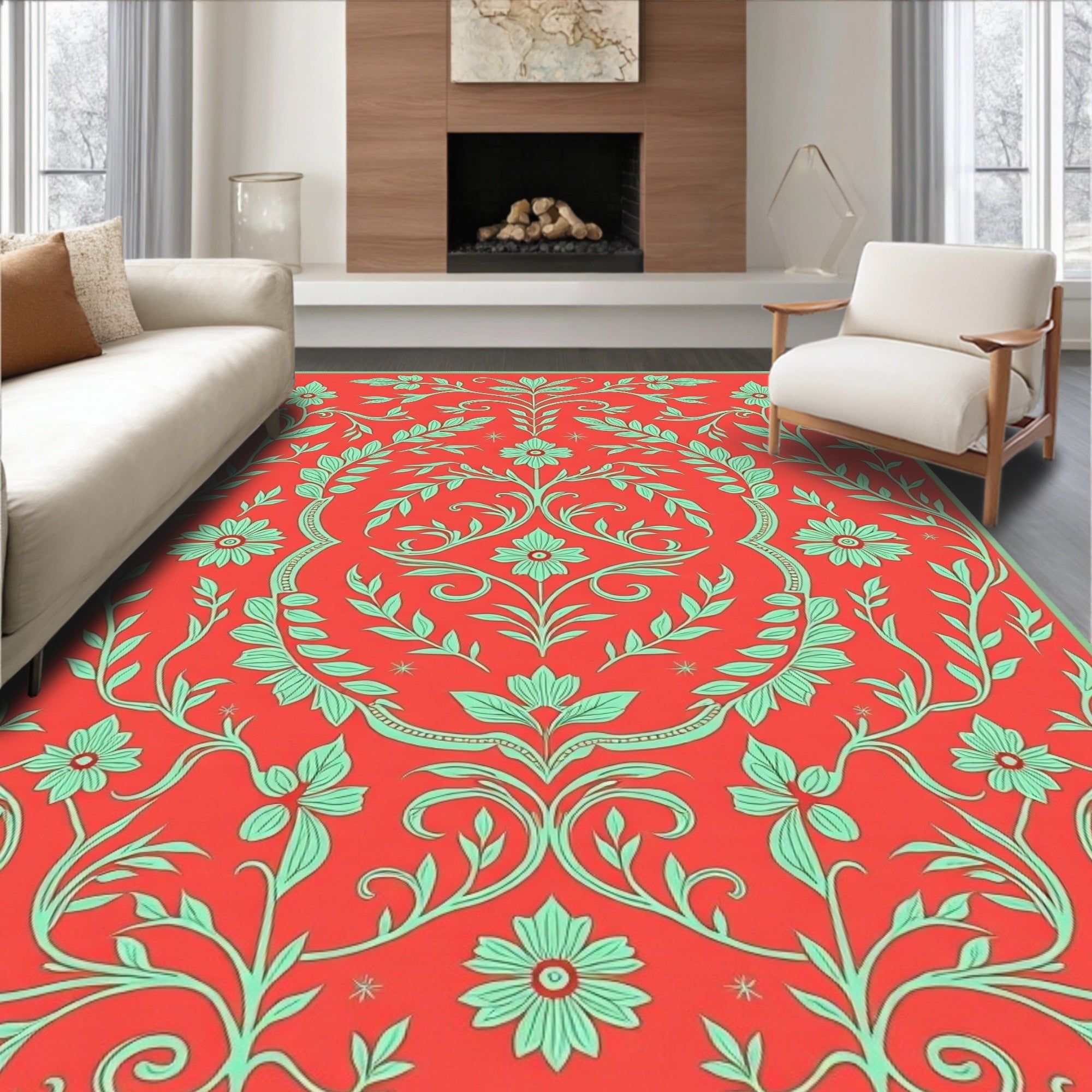 Coral Floral Vine Pattern Rug