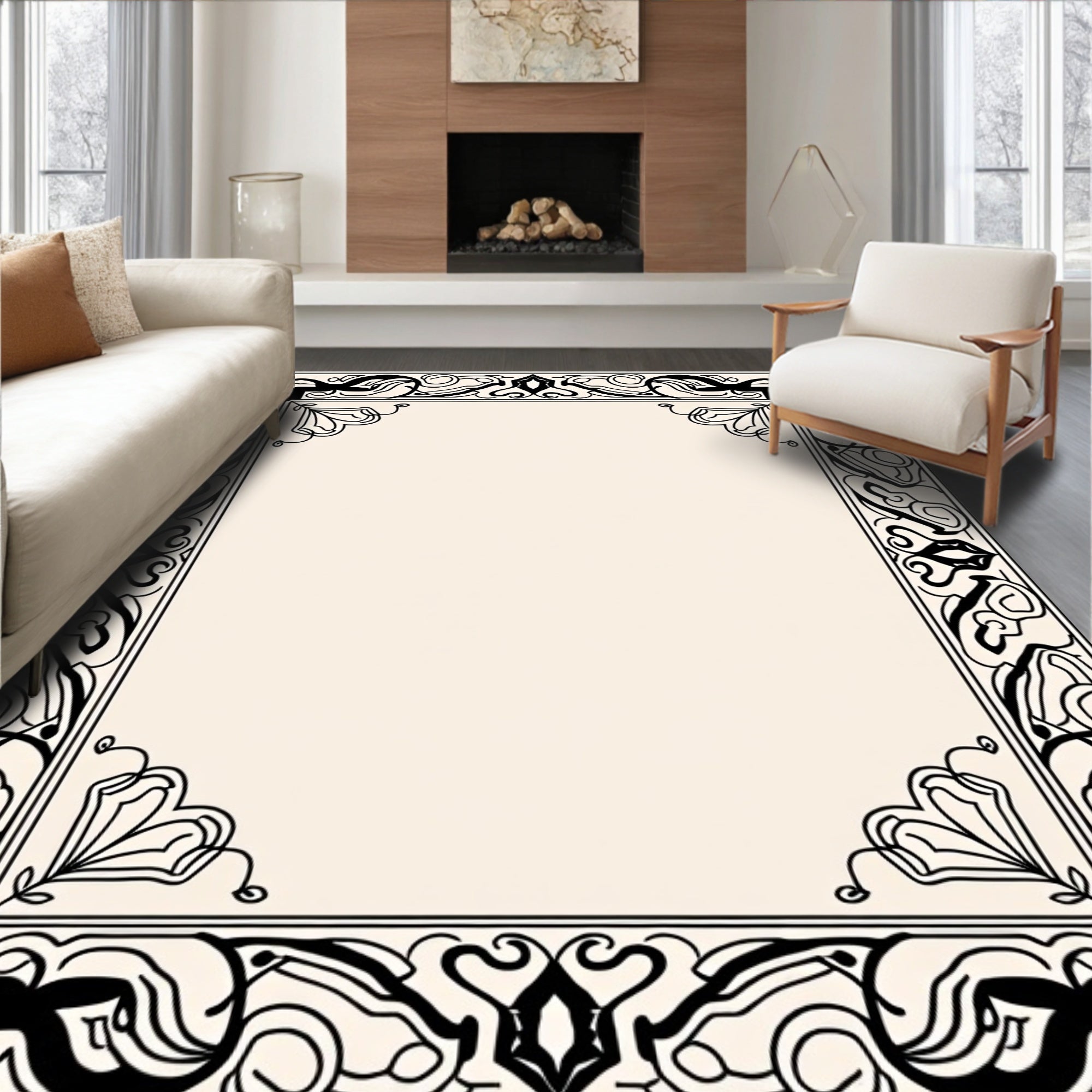 Ornate Black Cream Floral Frame Design Rug