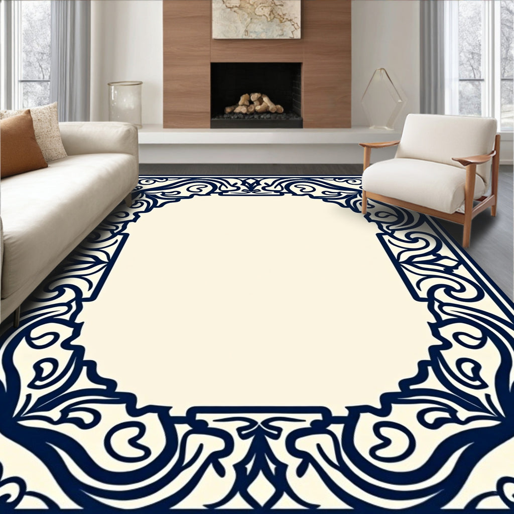Classic Ornate Navy Scrollwork Border Rug