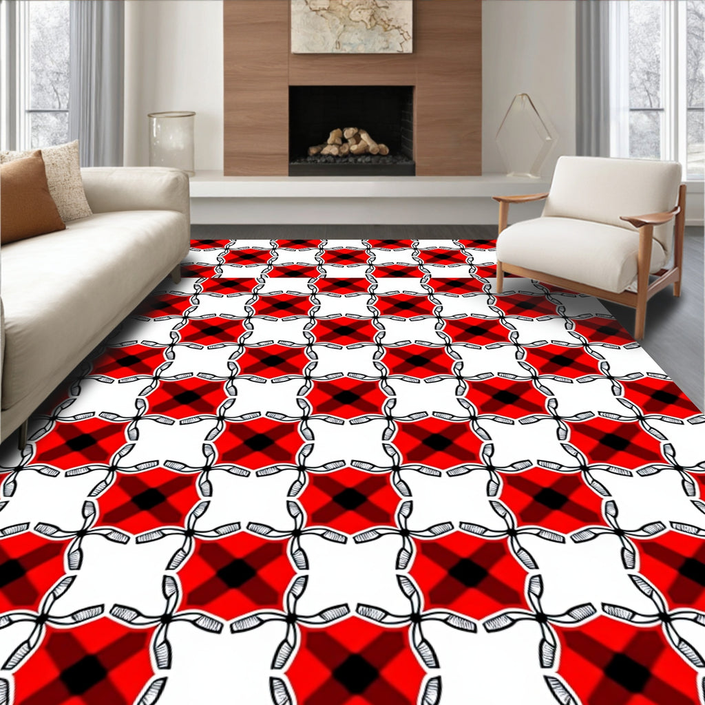 Red Black White Geometric Intersecting Pattern Rug