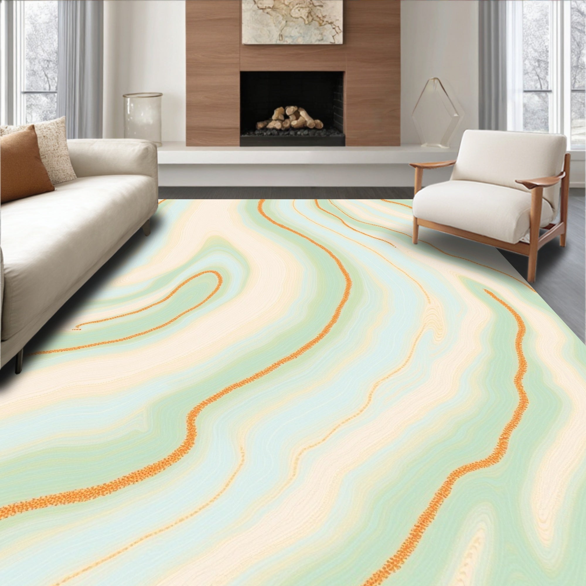 Wavy Mint Peach Marbled Lines Rug