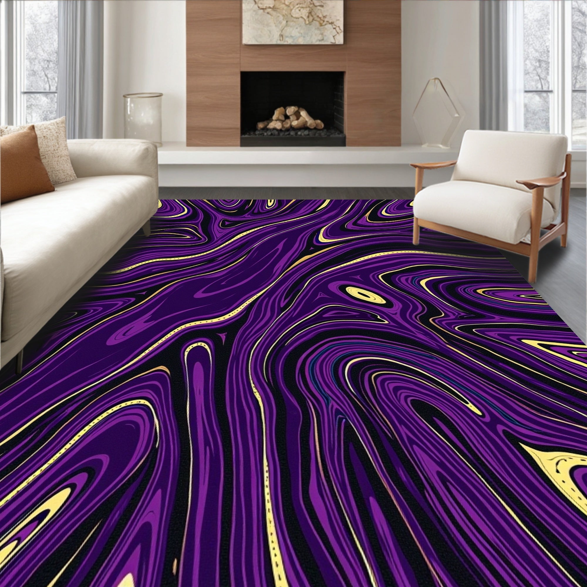 Purple Gold Flowing Abstract Pattern Rug