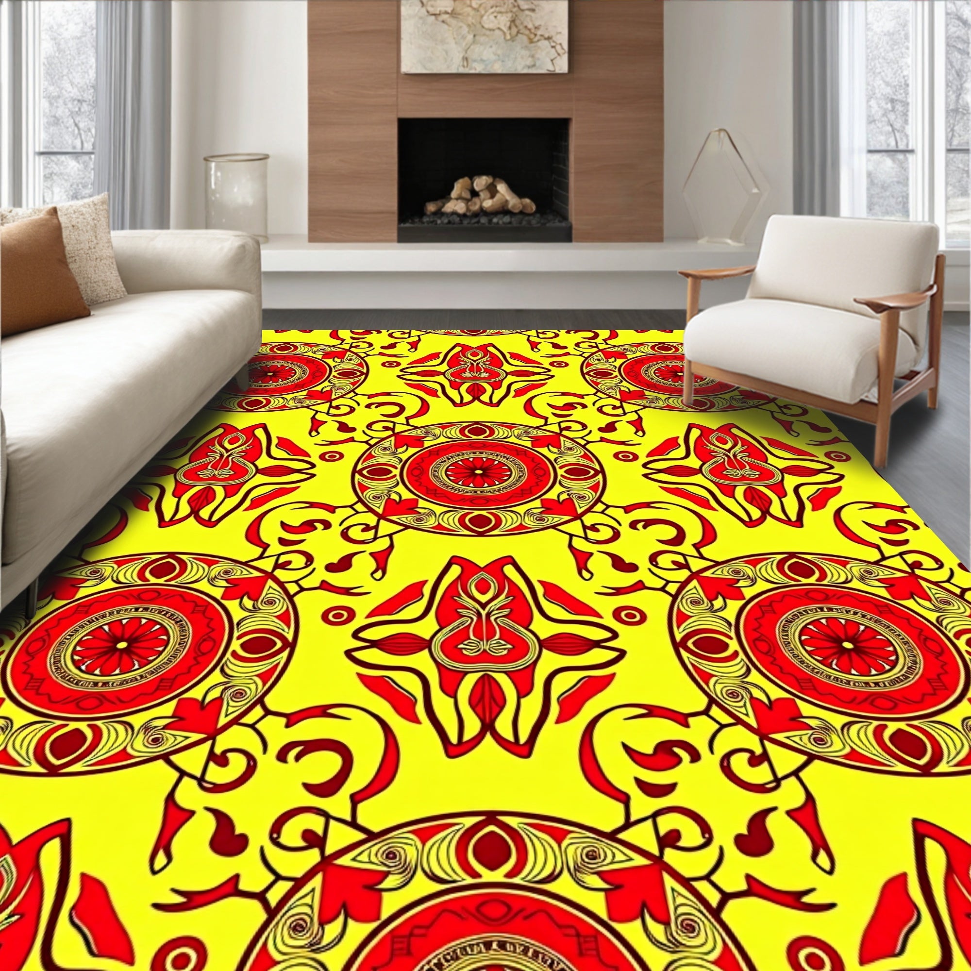 Red Sunburst Abstract Motif Rug